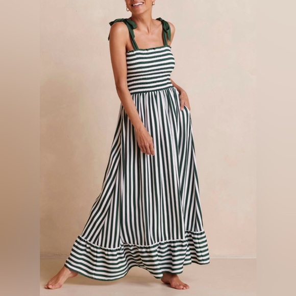 summersalt Dresses & Skirts - NWOT-Summersalt Green and White Striped Smocked Maxi Dress
